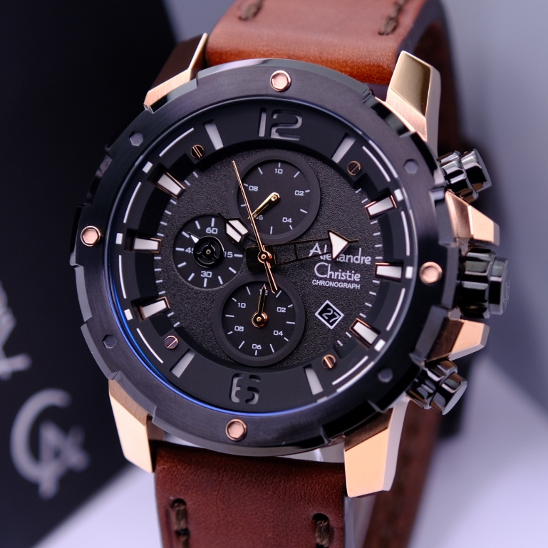 Alexandre Christie Pria Terbaru Original Warna Black Rose Gold Brown - AC6410 Strap Kulit