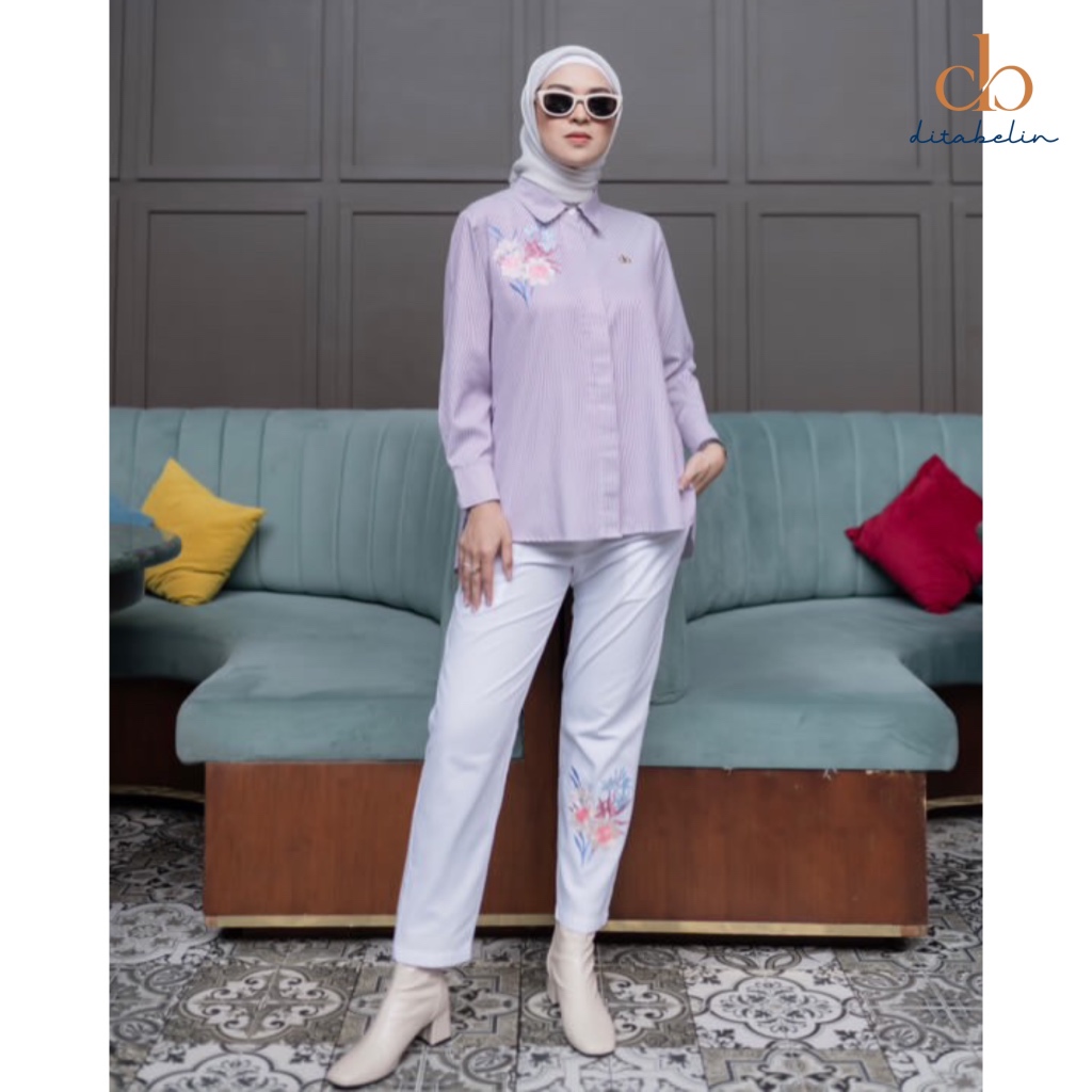 Ditabelin - Kemeja Celana Wanita Ruwa One Set Atasan Strope Bordir Bunga Elegant Lebaran Hari Raya A