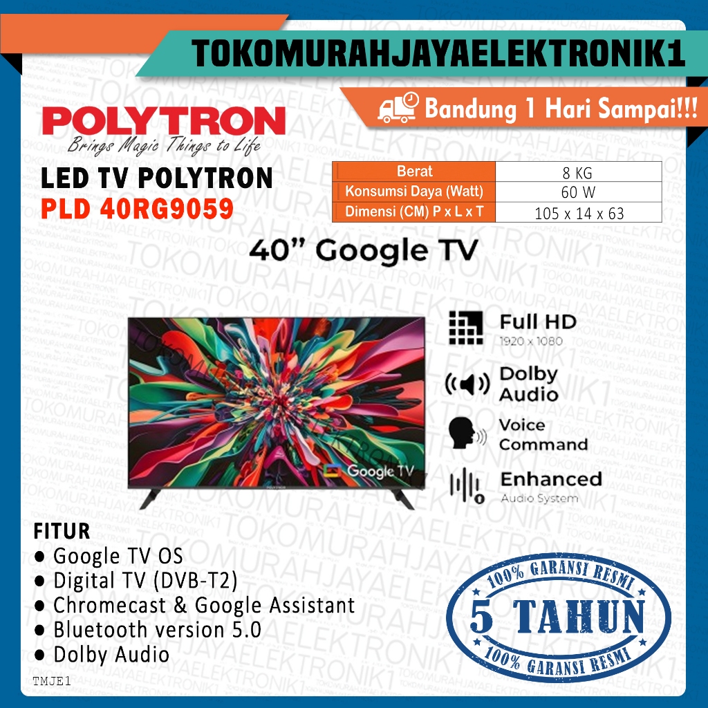 LED TV POLYTRON Smart Cinemax Google TV 40 Inch PLD 40RG9059 Garansi Resmi