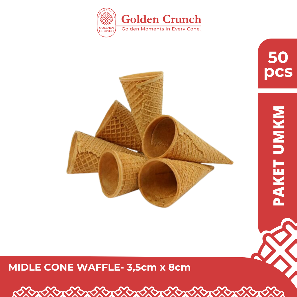 

PAKET UMKM GoldenCrunch Midle Cone 3,5cm x 8cm Isi 50pcs - Cone Es Krim Waffle Renyah & Manis