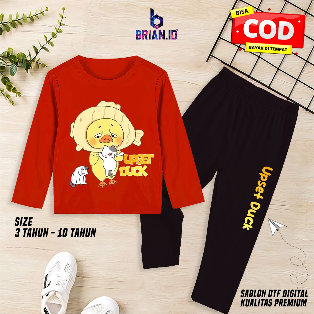 BRIAN.ID Baju Tidur Anak Gambar Upset Duck Bebek Kuning Viral Size 3-10 Tahun Setelan Panjang Anak