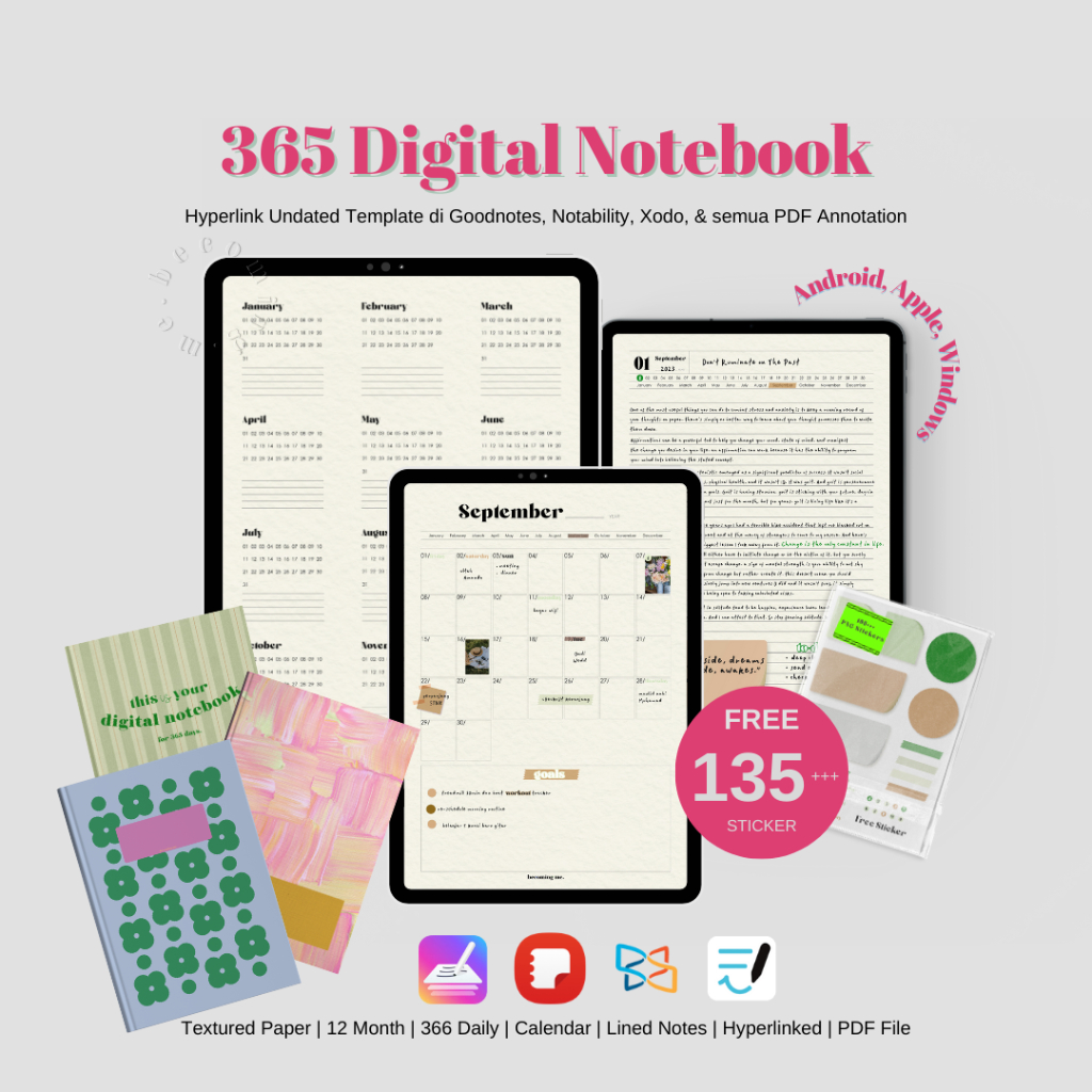 Digital Notebook Planner for 365 Daily Journal Ipad Tablet Goodnotes Xodo