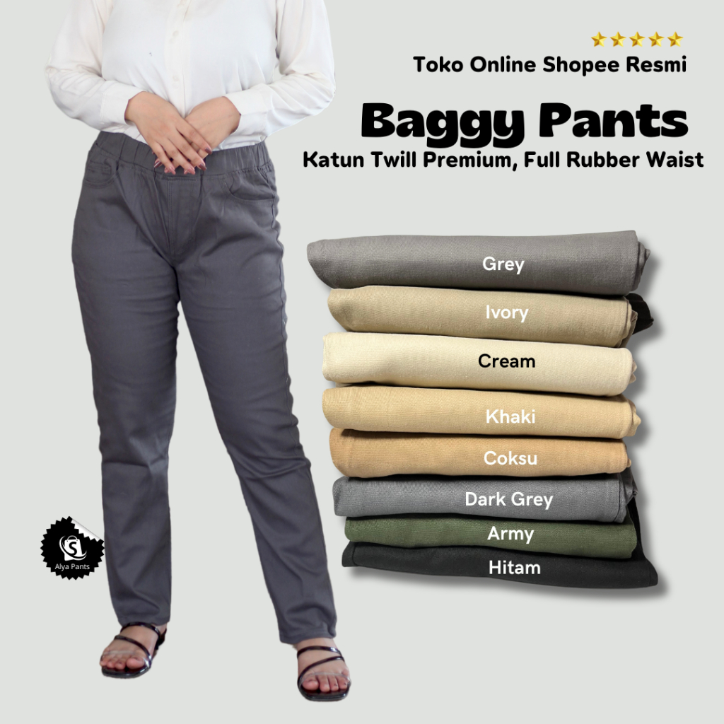 Celana Chino Pants Wanita Baggy Pants  Full Pinggang Karet  Formal Buat Kerja Bahan Lentur Size Jumb