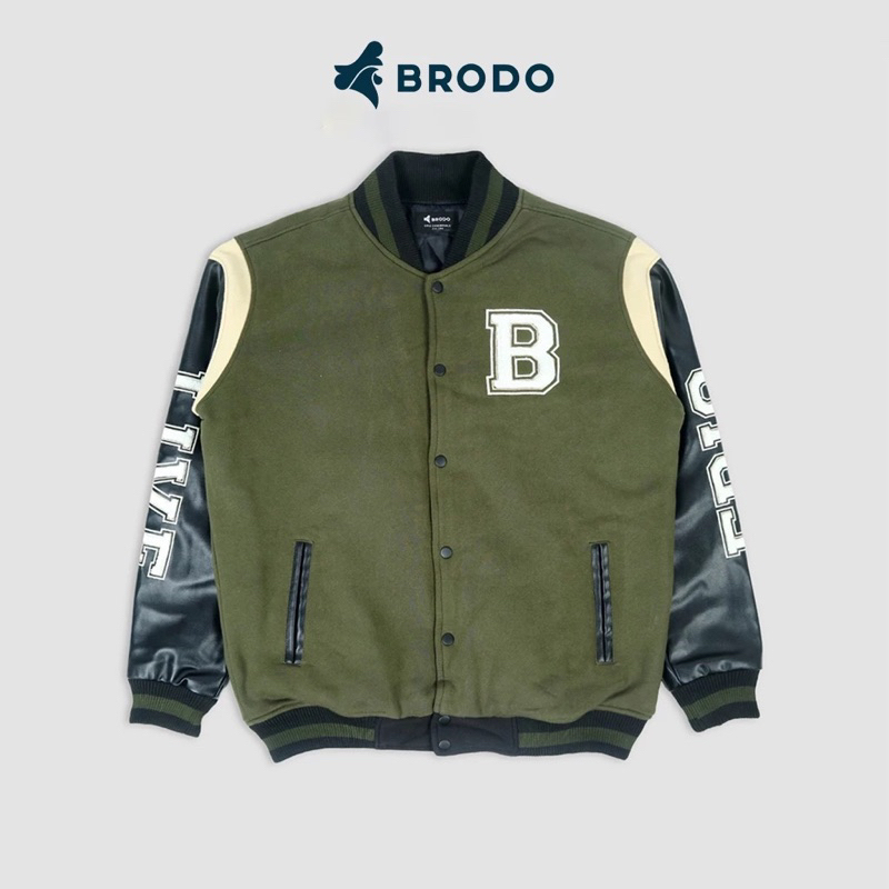 Preloved Jaket BRODO - Brodo Varsity Jacket Black Olive Jaket Pria Jaket cowo Jakey Varsity Bomber