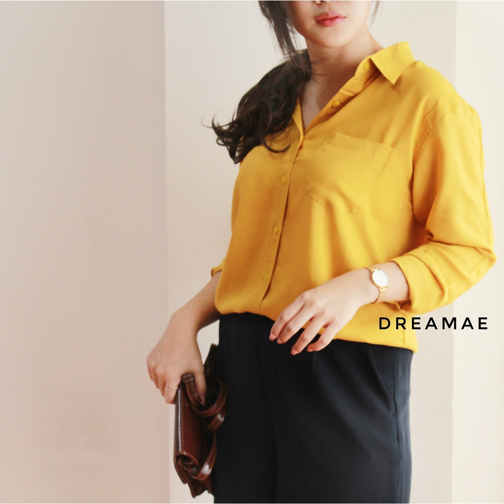 Kemeja rayon atasan hem blus kancing Wanita Cewek lengan panjang rayon polos hitam putih biru langit