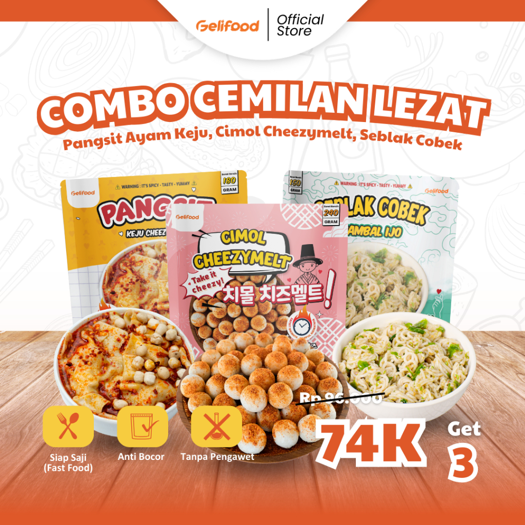 

Gelifood - Paket Bundling Best Seller ( Cimol,Pangsit,Seblak ) Makanan Instan Pedas