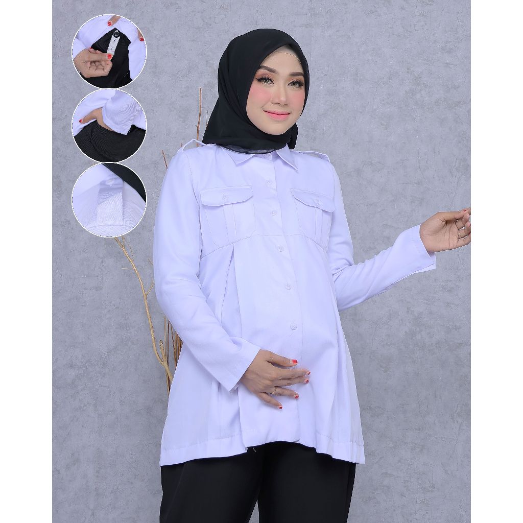 BAJU HAMIL DINAS SERAGAM KERJA ASN PUTIH HITAM KATUN/POLIESTER FREE HIJAB