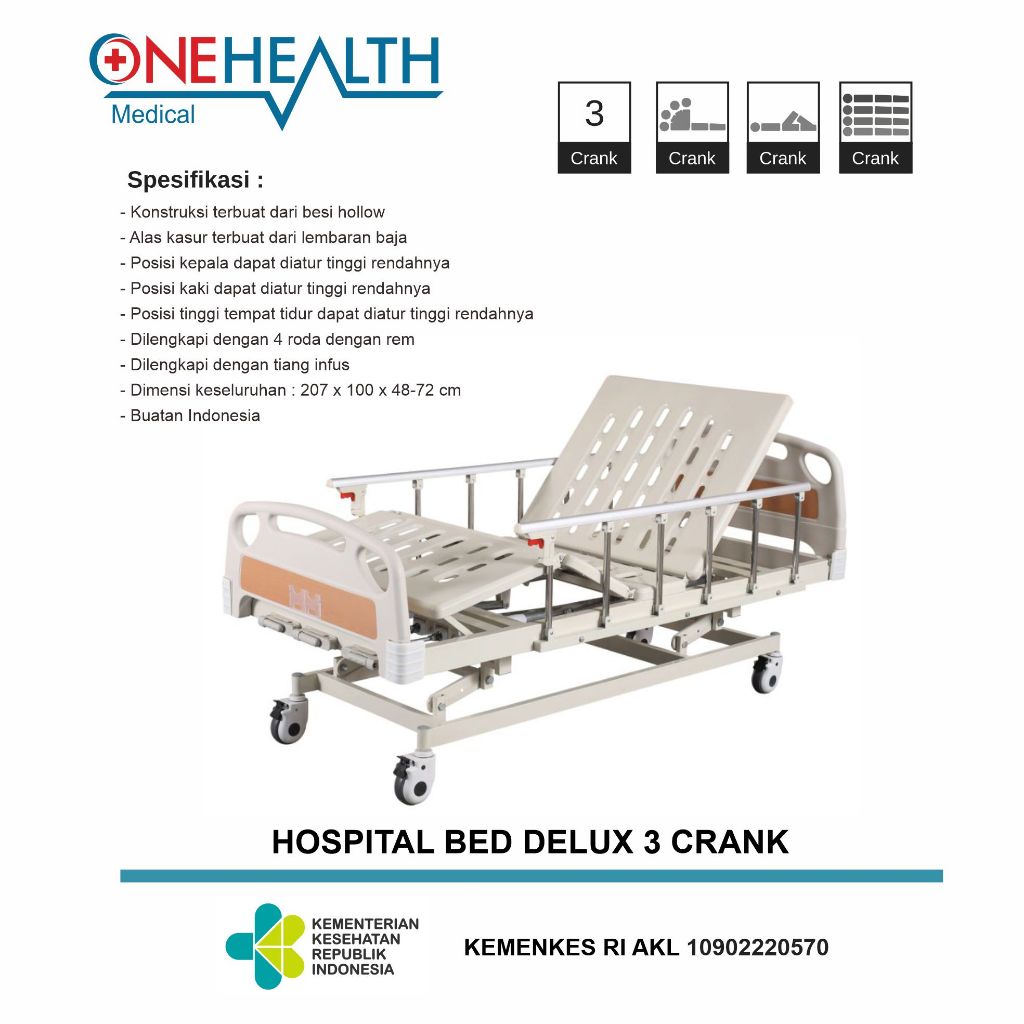 Onehealth Manual Hospital Bed 3 Crank Deluxe - Ranjang Rumah Sakit [Majapahit]