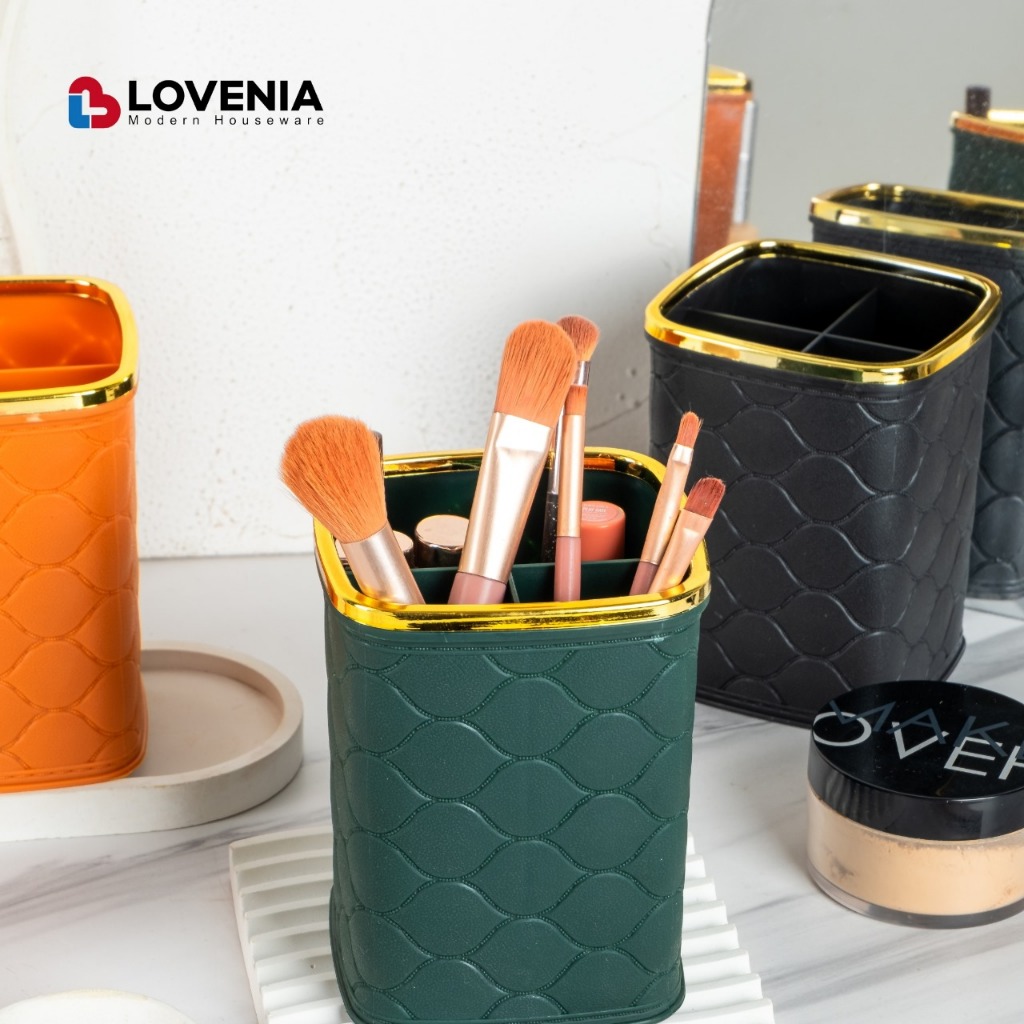 Lovenia Beauty Box / Tempat Kuas Makeup Premium PLASTIK Rak Kosmetik motif Kain sekat Tempat Pensil