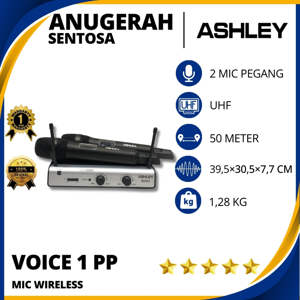 Mic Wireless Ashley Voice 1 PP (Isi 2 Mic Pegang/Handheld) Original