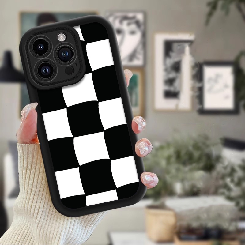 LOLOKA Casing HP Motif Kotak-Kotak Hitam Putih – Desain Aesthetic & Trendy iPhone 15 Pro iPhone 15 i