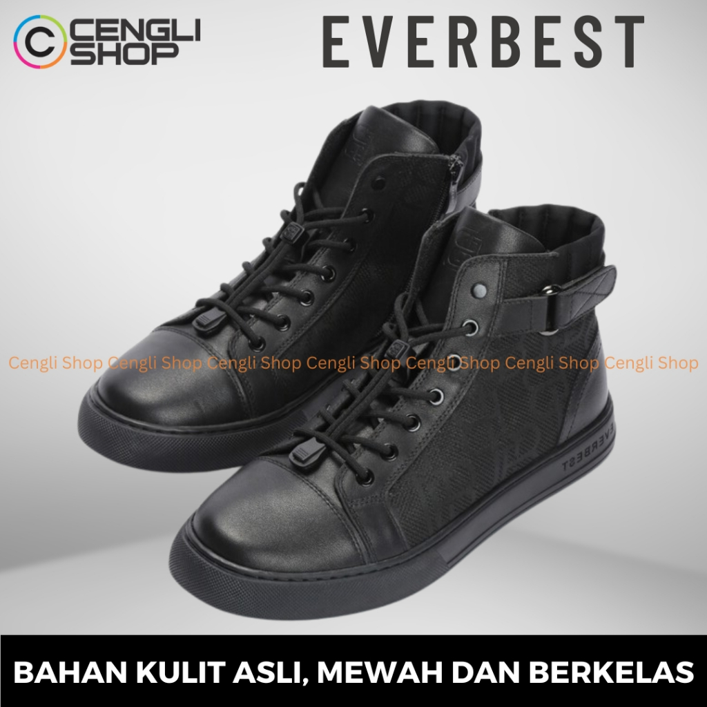 EVERBEST EM02 SEPATU SNEAKER BOOT PRIA ORIGINAL SNEAKERS BOOTS KULIT ASLI ALL FULL BLACK HITAM POLOS