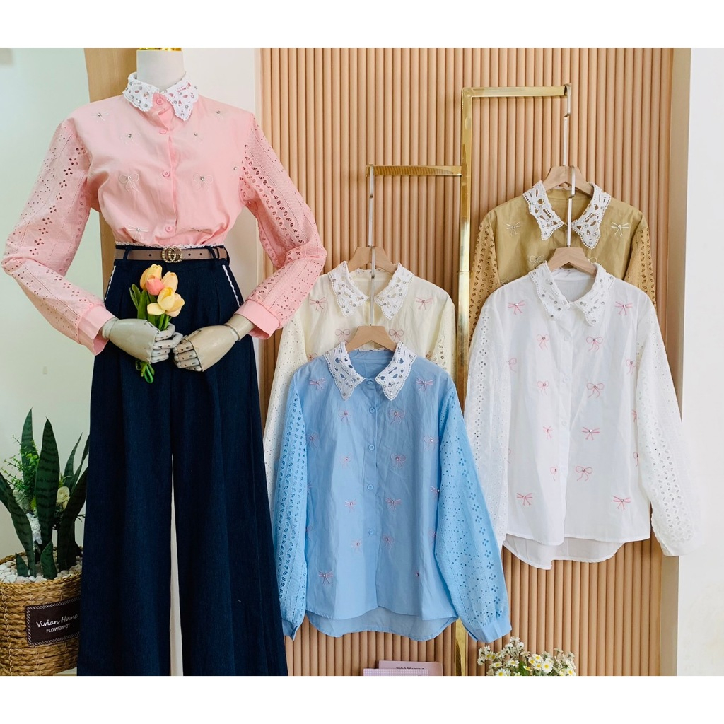 Atasan Kemeja Wanita Brokat Ploylada Katbol Katun Bolong Pita Renda Elegan Fashion Import Bangkok Bk