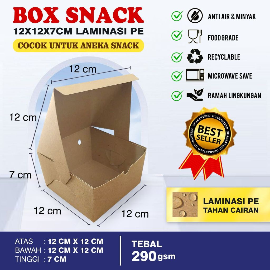 

50 pcs box snack12X12X7 cm,lebih besar,kotak makanan,laminasi dalam,kuat,tidak mudah rusak,praktis,higienis,ekonomis dan murahh