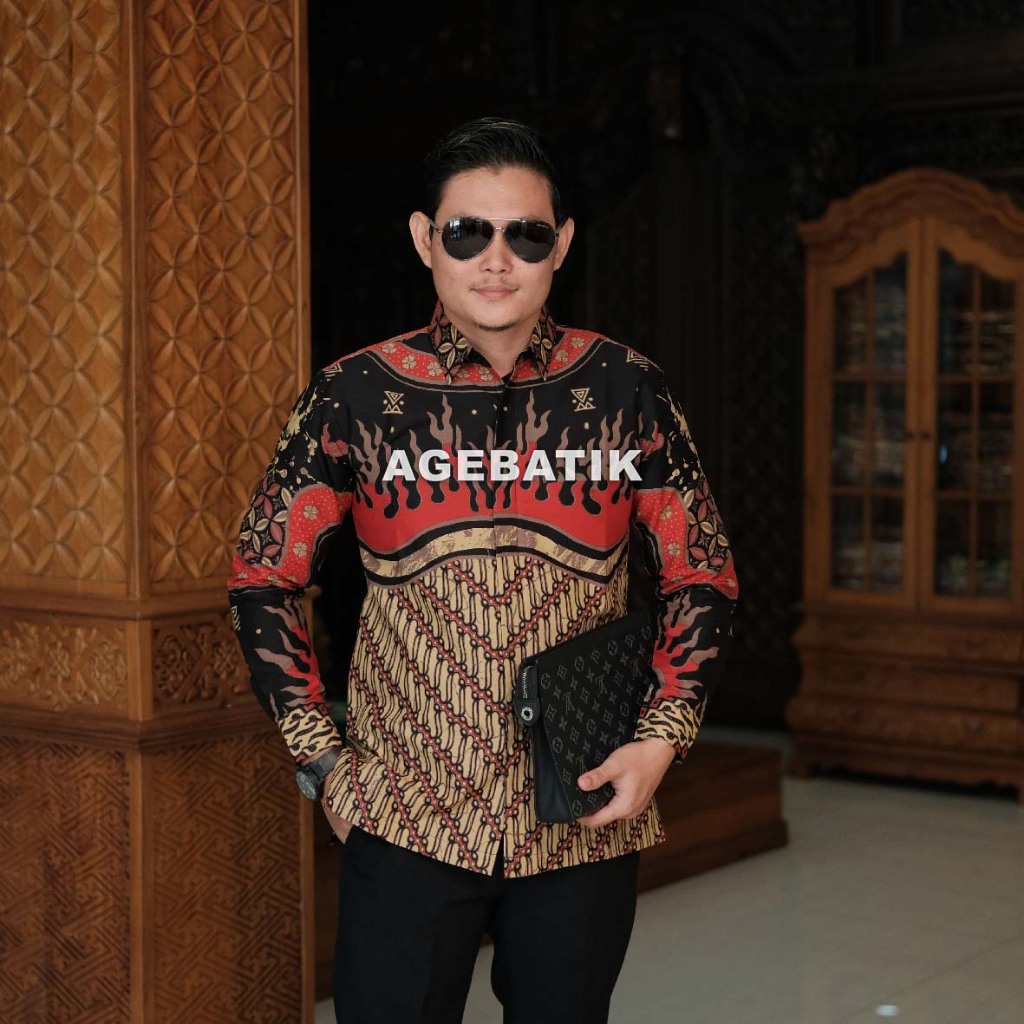 AGEBATIK AGE091 - Kemeja Batik Pria Lengan Panjang Pendek - Slim Fit - Motif Parang Api - Katun Prem