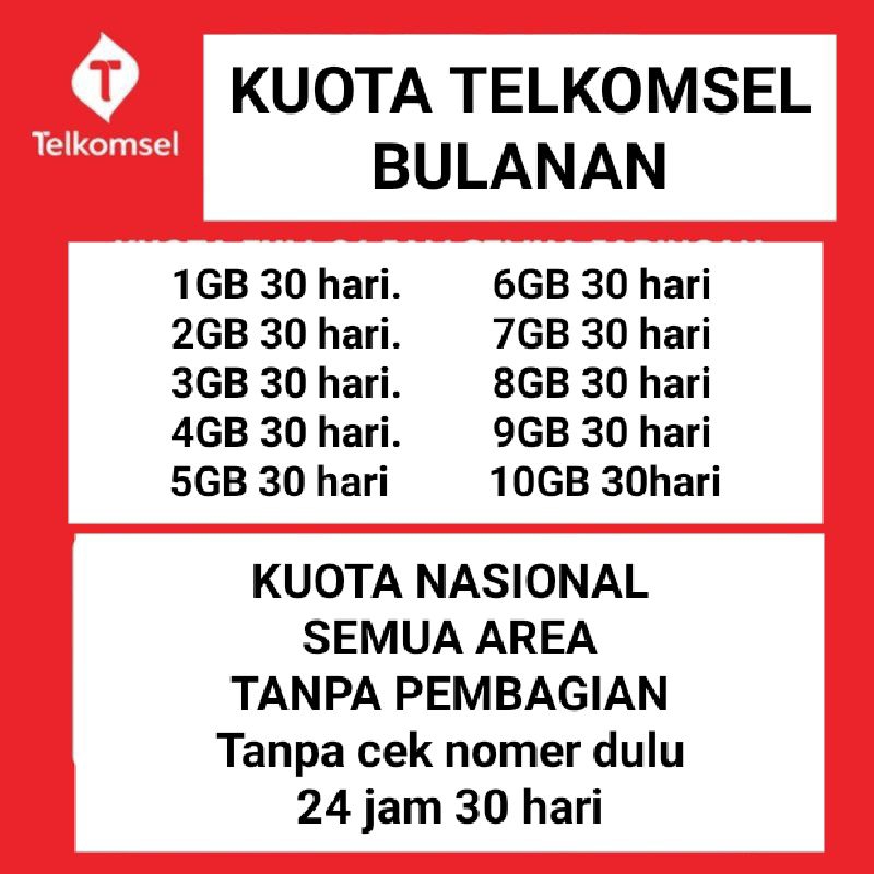 Kuota Telkomsel Bulanan 30 hari Nasional Semua Area