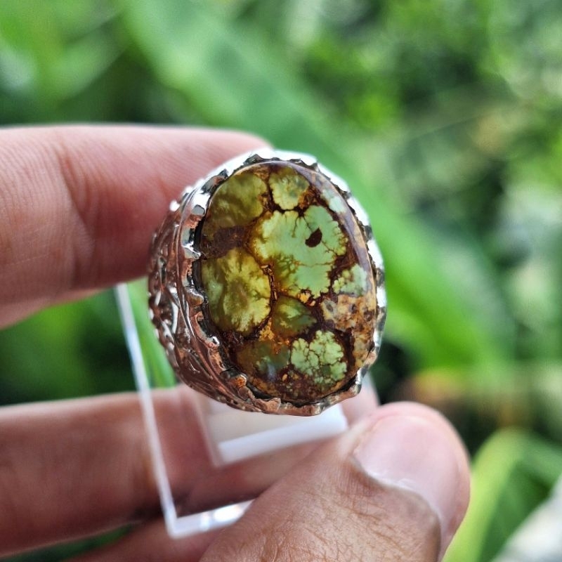 Natural Batu Pirus Persia Hijau Ceplok Serat Emas