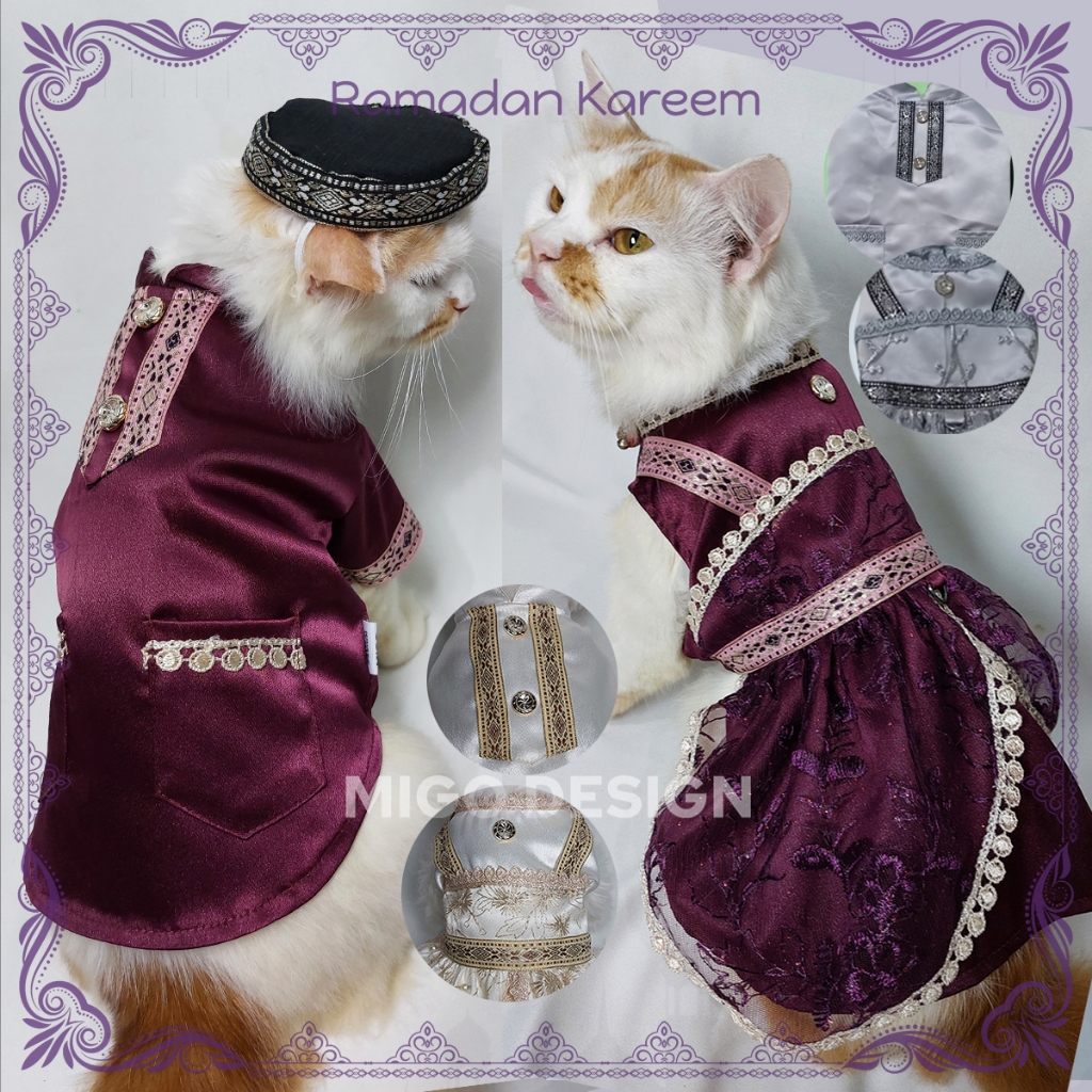 |Migo Design 55 2| Couple Baju Dress Gamis Kemeja Koko Burgundy Ungu Kucing/ Anjing Lebaran Ramadan 