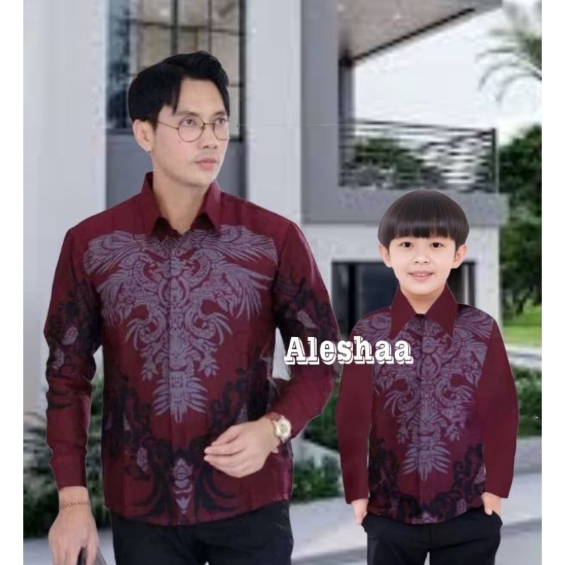 Terbaru Couple Batik Ayah dan Anak Laki-Laki Warna Burgundy || Kemeja Batik Pria Dewasa dan Anak Umu