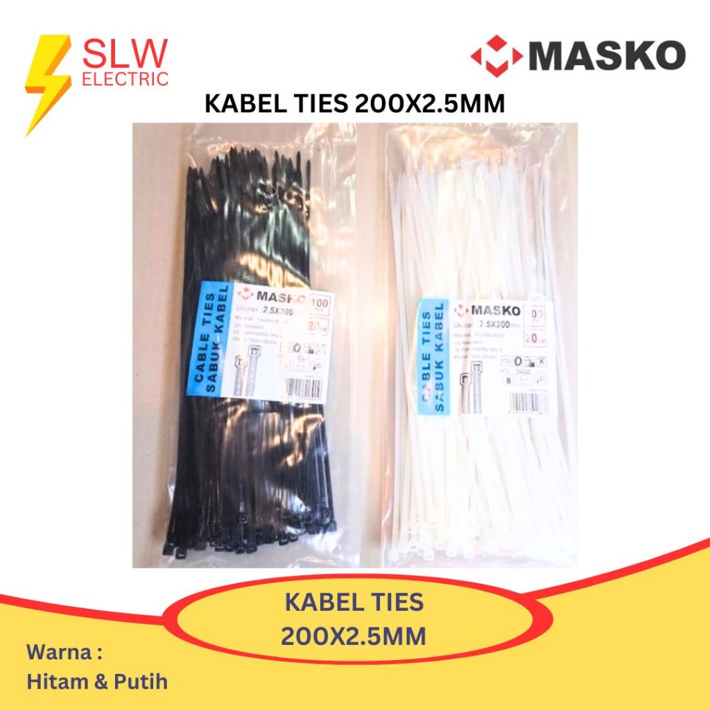 

MASKO KABEL TIES SABUK KABEL 200X2.5MM 200 X 2.5MM HITAM PUTIH NYLON 100PCS