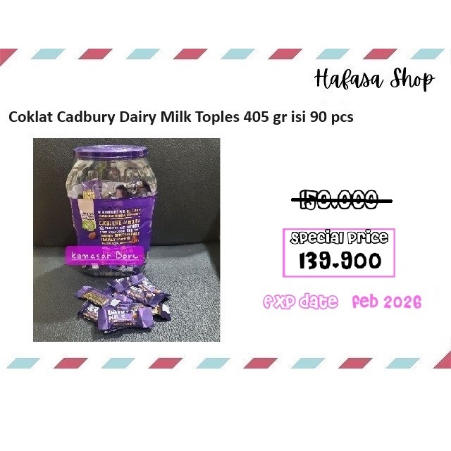 

Coklat Cadbury Dairy Milk toples 405 gram isi 90 pcs