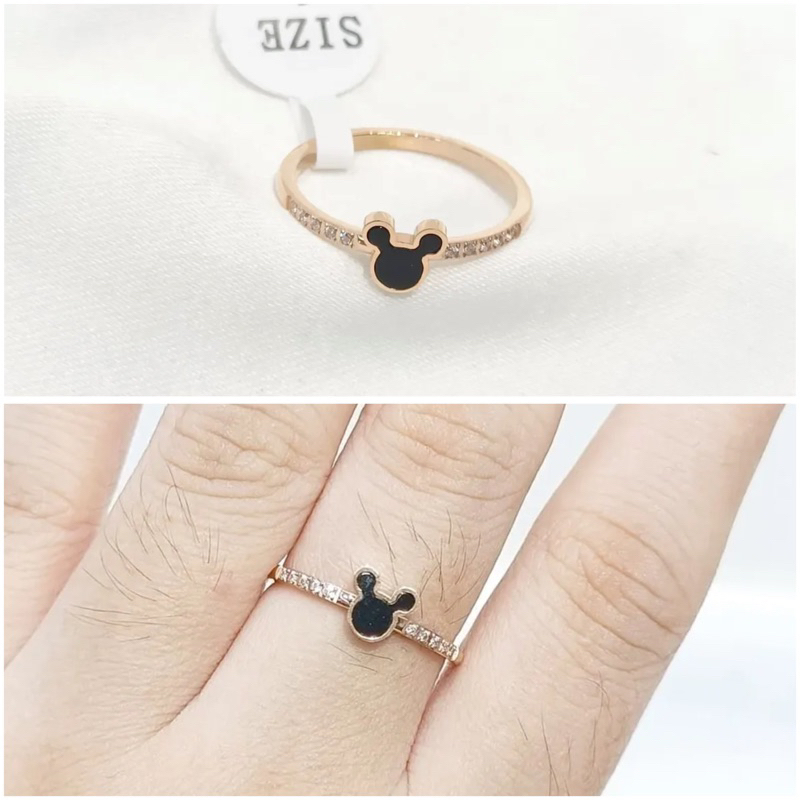 Cincin tipis titanium mickey hitam lis diamond