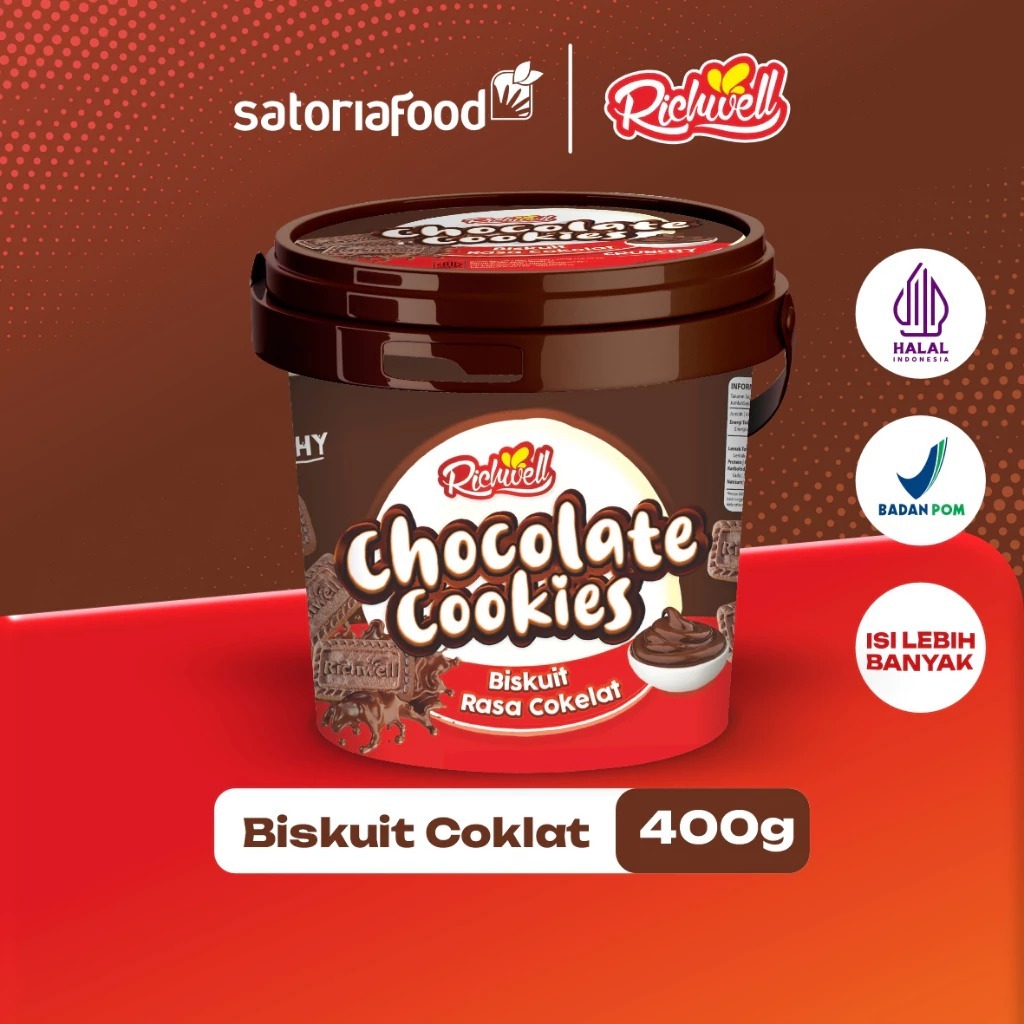 

Richwell Biscuit Cookies Chocolate Bucket 400g | Cemilan Snack Biskuit Kukis Coklat kemasan Toples / Timba