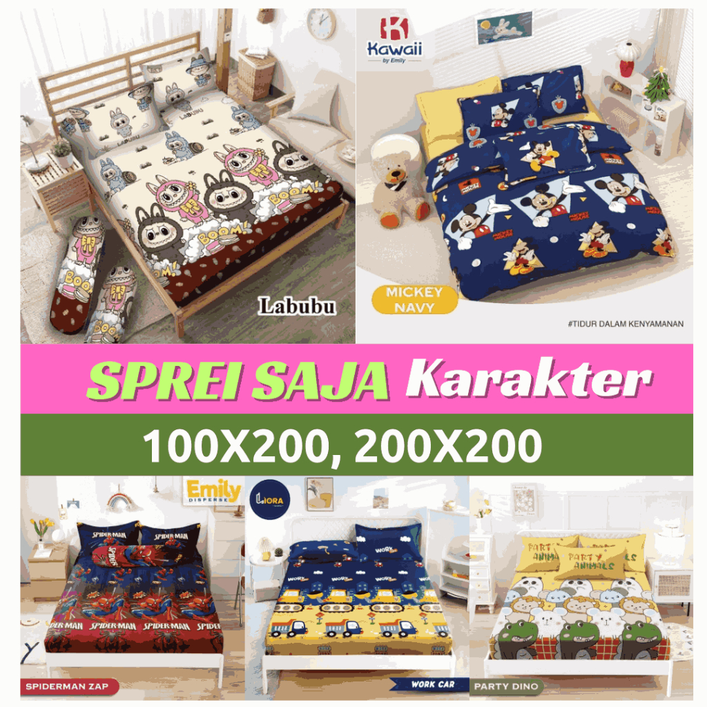 Sprei Anak Motif KARAKTER Lucu SPREI SAJA Sudut Karet Ukuran 100x200, 200x200