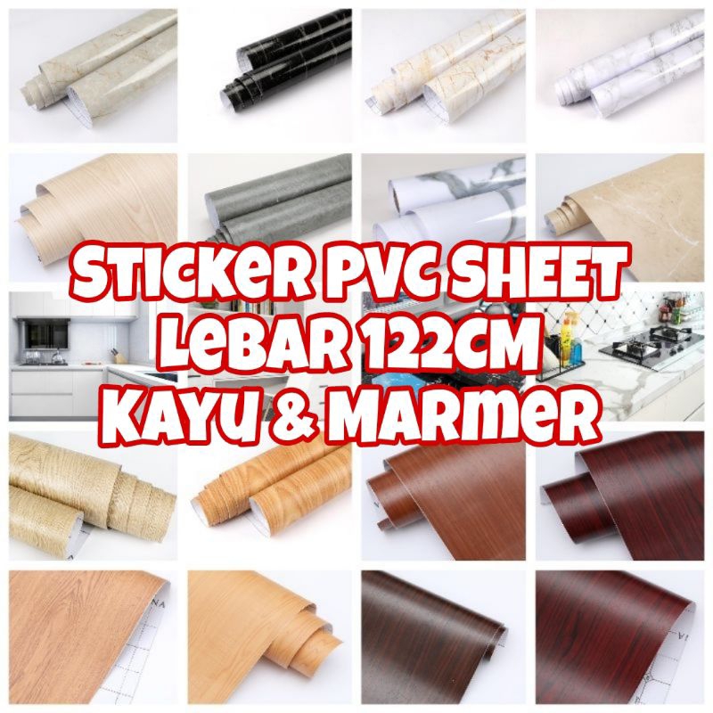 Sticker PVC SHEET Lebar 122cm MENGKILAP / GLOSSY  Motif Marmer, Kayu, & Polos Bahan Tebal Premium Pe