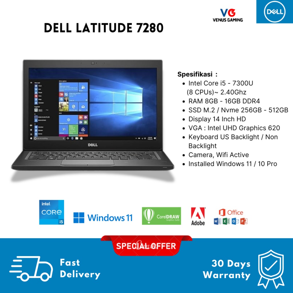 Laptop Murah Dell 7280 Core i7 i5 Gen 7 Ram 16GB SSD 256GB 12 inch