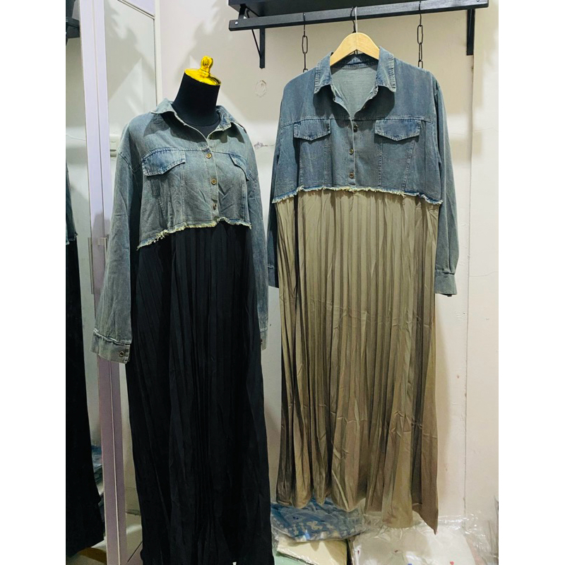 Gamis plisket kombinasi jeans halus premium import Bangkok