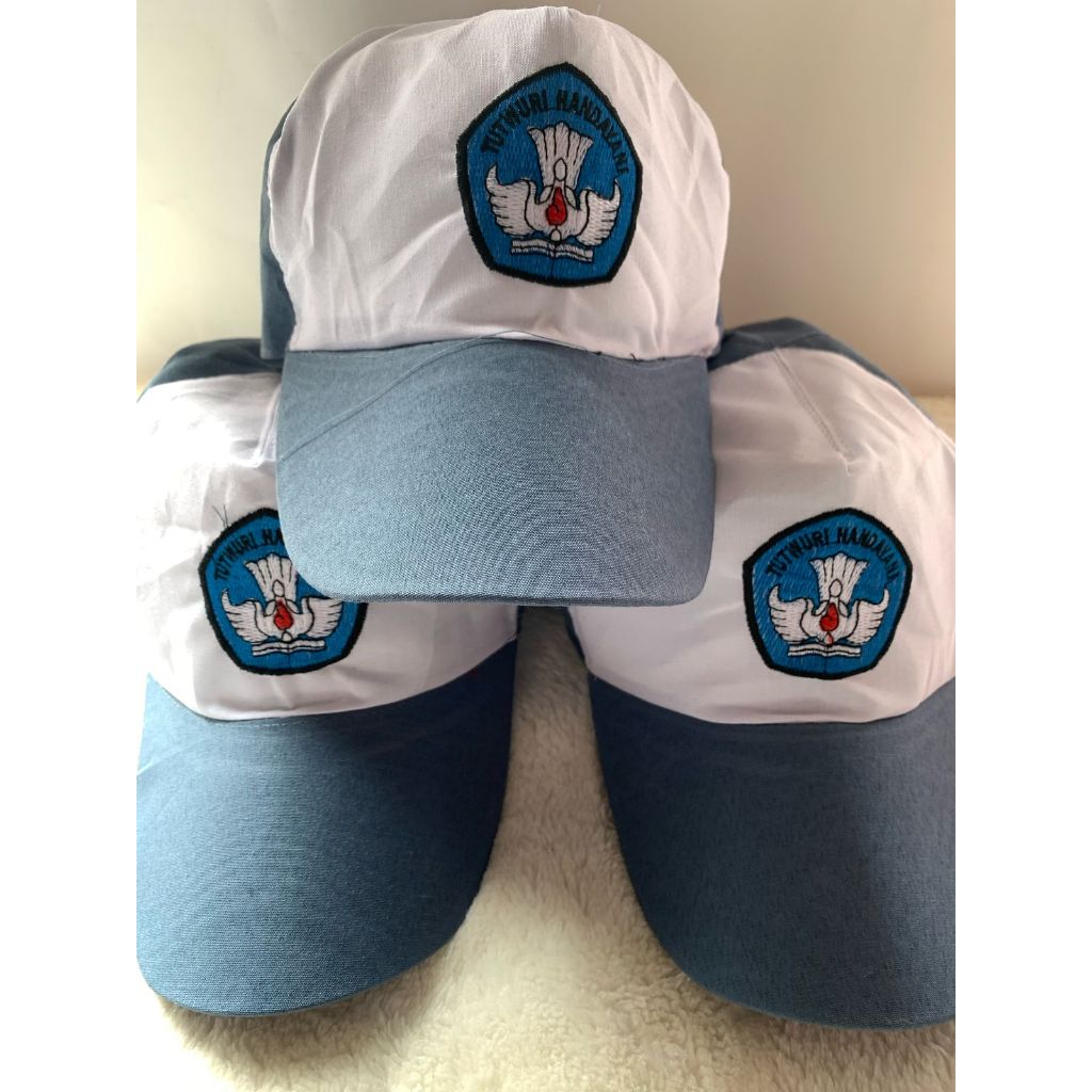 TOPI SMA ABU PUTIH LOGO FULL BORDIR BIRU