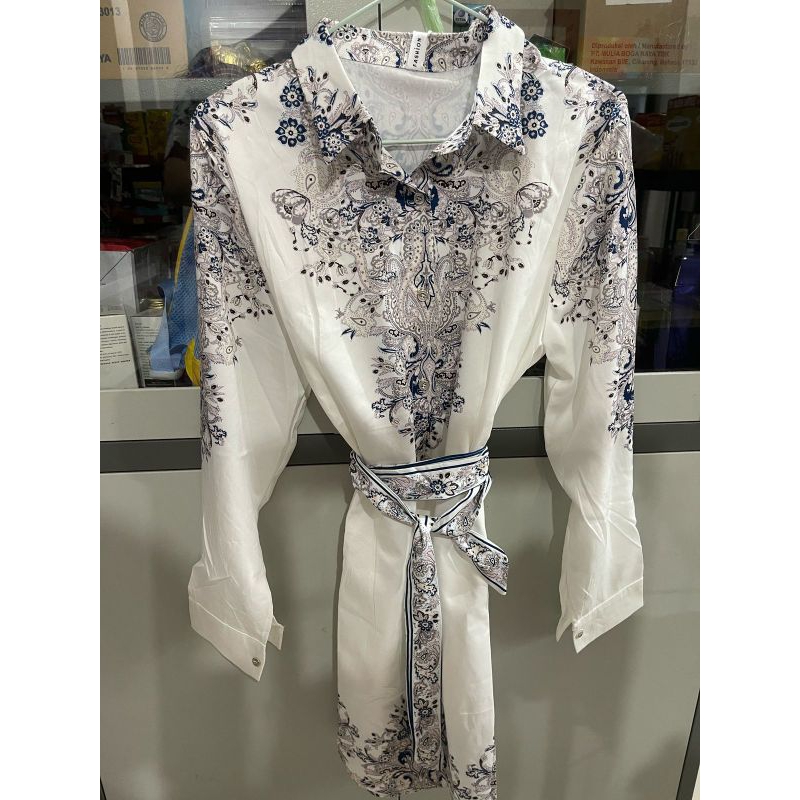 BARU ADA TAG LABEL Baju Dress Putih Muslim Motif Batik Lengan Panjang / Atasan Tunik