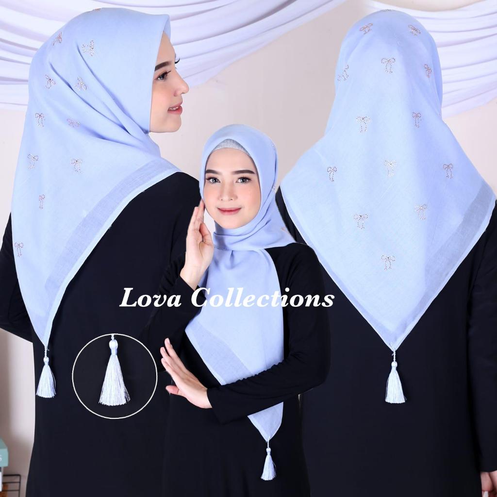 Hijab Segi Empat Paris Payet Pita Ribbon Mutiara Rose Gold Tassel Premium