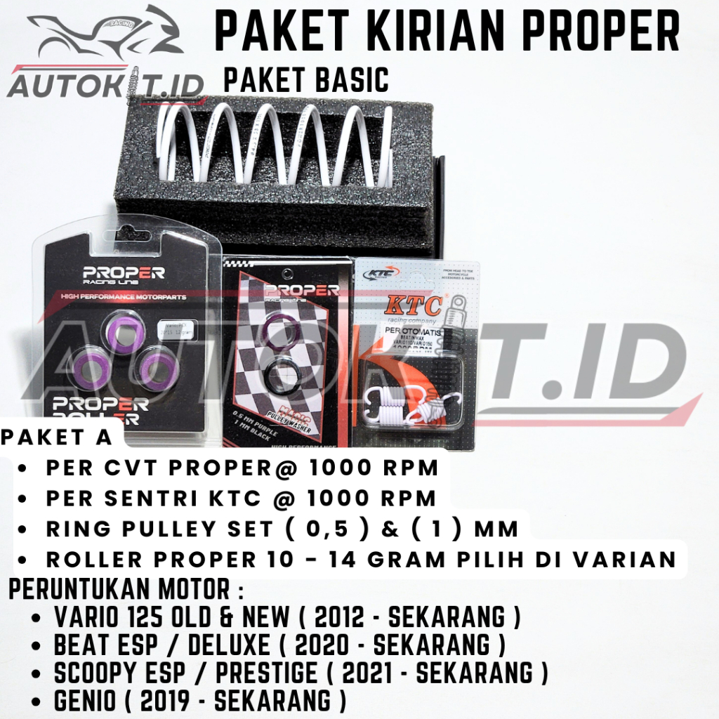 PAKET  BASIC CVT KIRIAN PROPER RACING LINE UNTUK VARIO 125, BEAT NEW DELUXE 2020, SCOOPY NEW PRESTIG