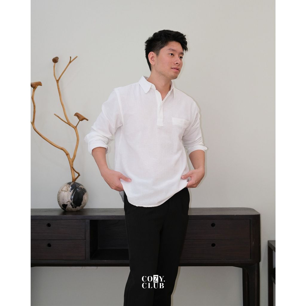 COZYCLUB Linen Longsleeve Polo Kaos Kerah Pria Linen Lengan Panjang 191