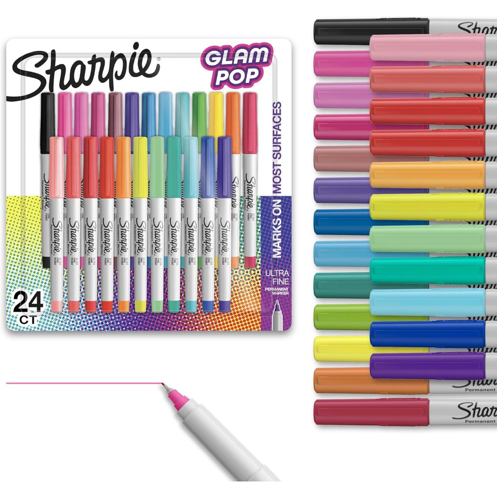 

Sharpie Glam Pop Permanent Markers Set 24 pcs, ULTRA FINE TIP, 24 Count Spidol marker 24 warna