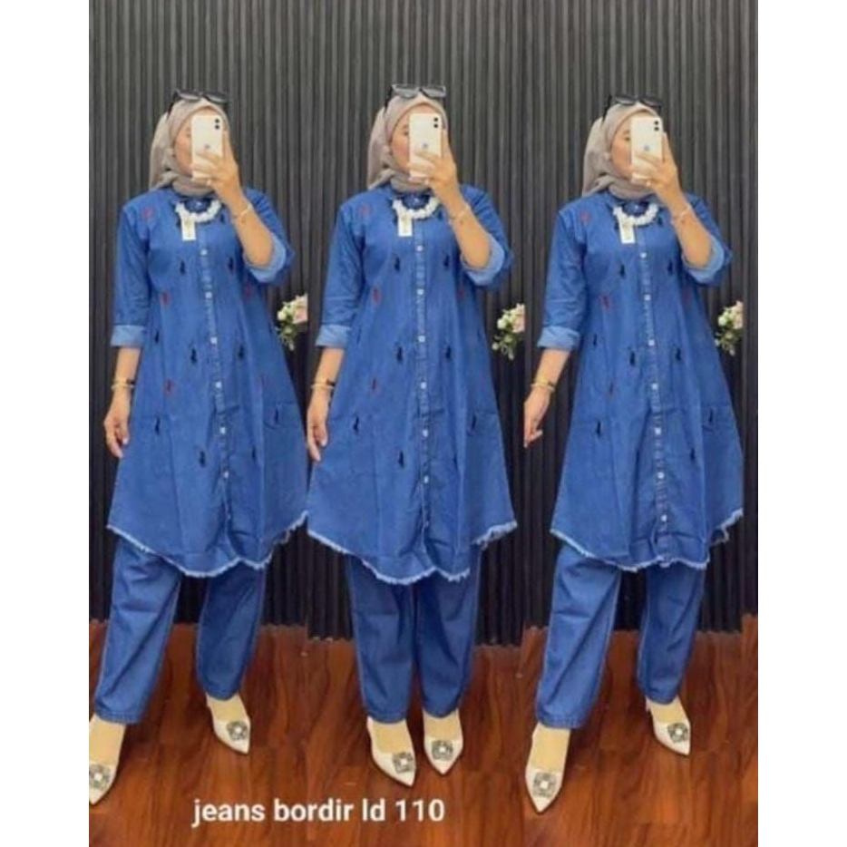 SETELAN TUNIK JEANS WANITA OVERSIZE / OOTD ONESET KEMEJA JEANS PREMIUM