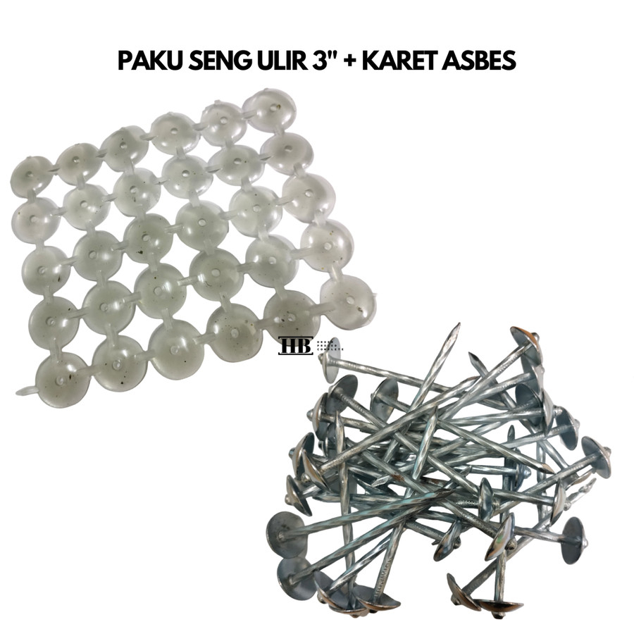 Paket Per 30 Pcs Paku Seng Ulir 3" Inch 7.5cm MUMS + Karet Asbes Bening Transparan / Karet Seng Seal