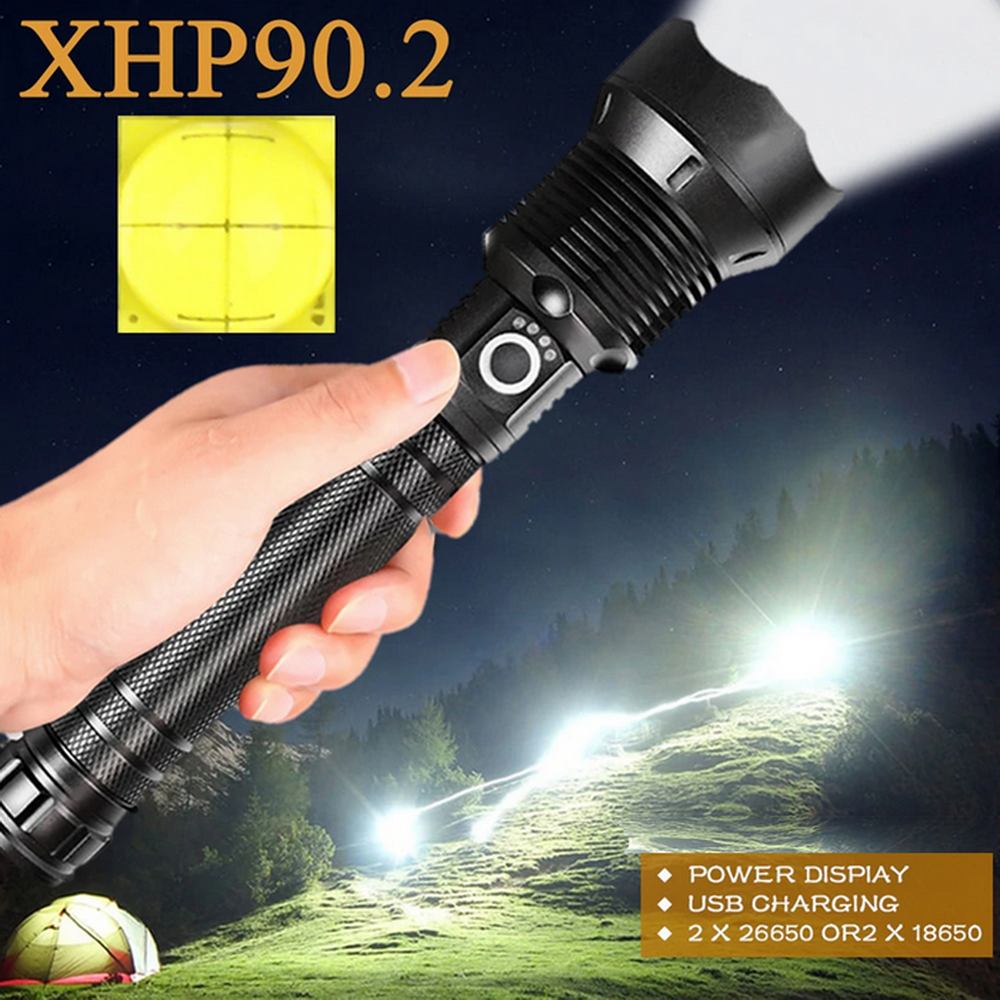 Xhp90 Senter LED Super Terang Strongest Xlamp XHP90 dengan 2x18650 + Adaptor USB Rechargeable