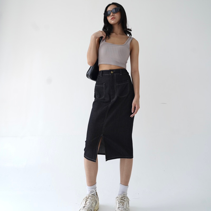 HINUNA — FREYA DENIM SKIRT / ROK KARGO MIDI / CASSA SKIRT CARGO HIGHWAIST 7/8 KARET BELAKANG