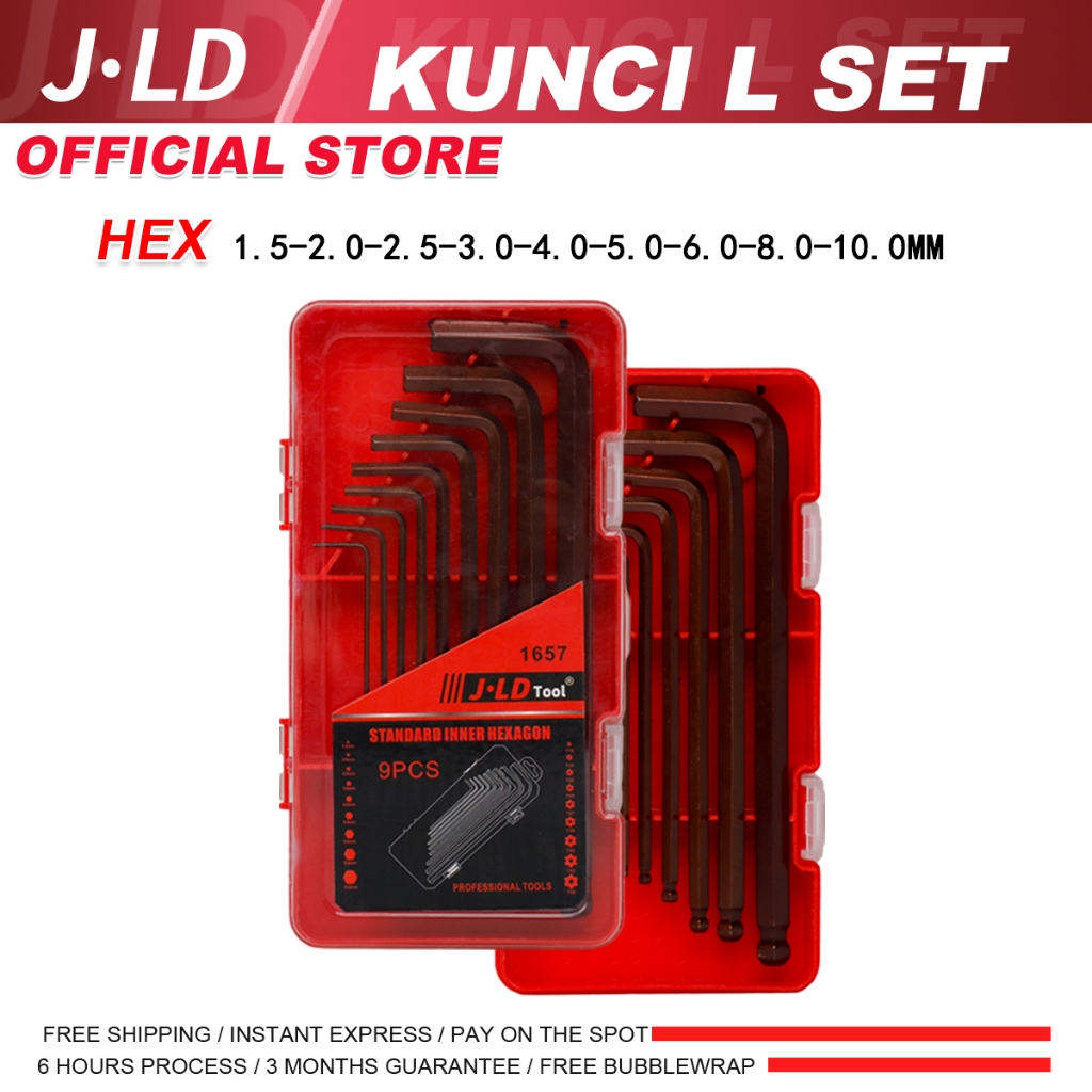 JLD Kunci L Hex 9pcs Set S2 Panjang dengan Torsi 1.5-10mm Kunci Pas Baja Paduan Torsi