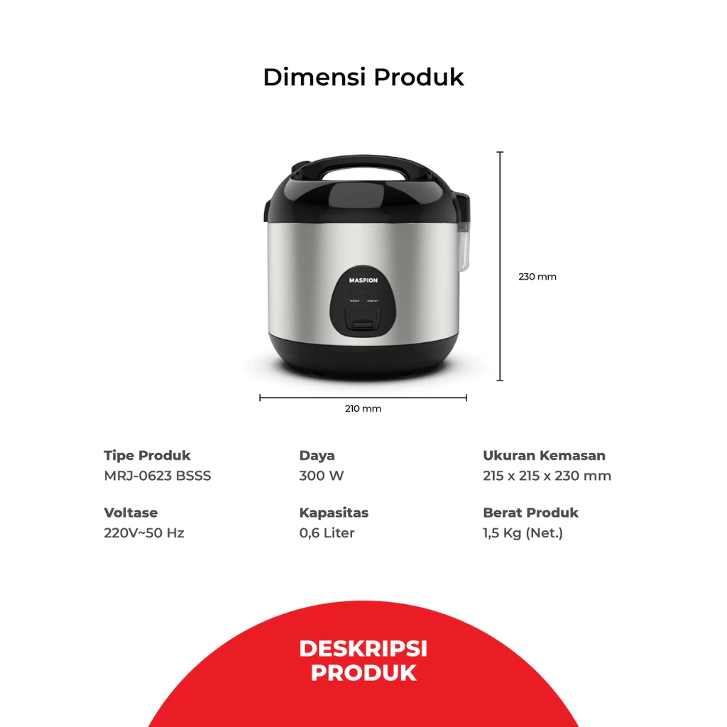 RB MASPION MRJ-0623BSSS Rice Cooker / Rice Cooker Maspion MRJ 0623 BSSS Panci Stainless 0,6 Liter