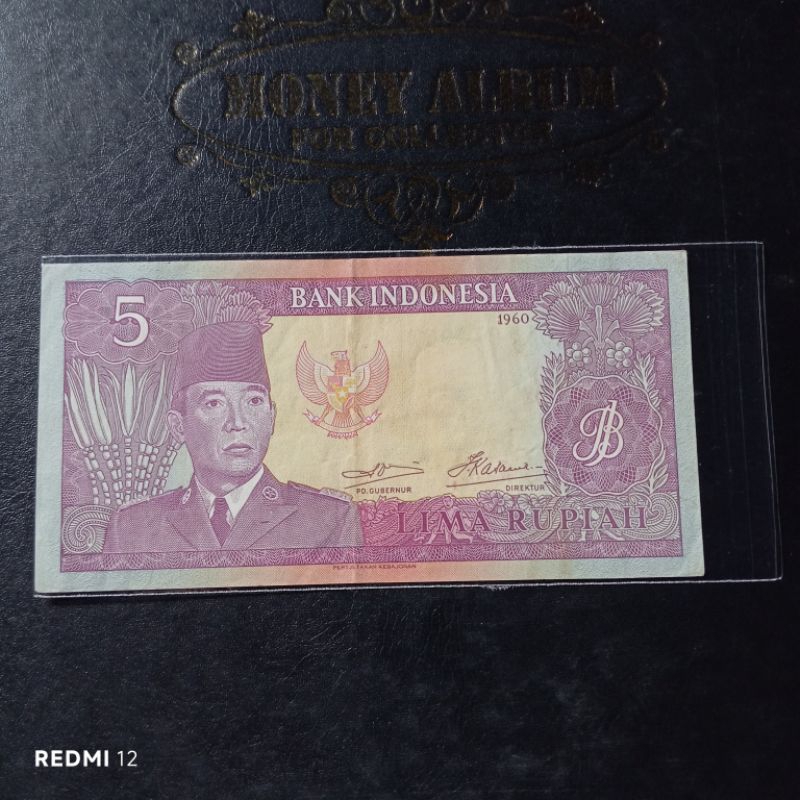 uang kertas kuno 5 rupiah sukarno tahun 1960 bekas baik asli utuh