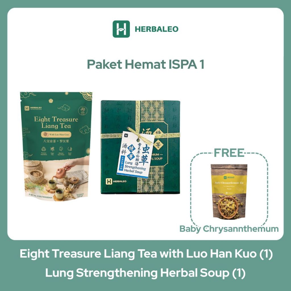 

Herbaleo Paket Hemat ISPA 1 Eight Treasure Liang Tea 120g + Teh Bunga Krisan 35g