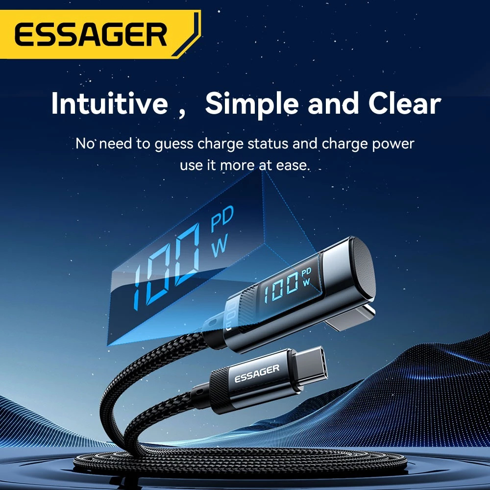 ESSAGER Kabel Charger Data Type C To Type C Digital Display Nylon Braided PD Fast Charging 100W 5A