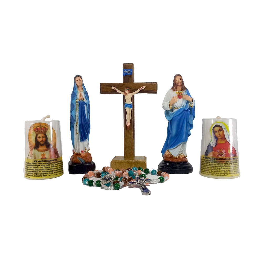 EKSKLUSIF (Satu Set Doa 15 cm) Set Doa Dan Devosi Kepada Bunda Maria Lourdes/Patung Bunda Maria/Yesu