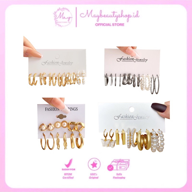 6 Set Anting Emas Perak Elegant | Anting Mutiara Aksesoris Perhiasan Wanita
