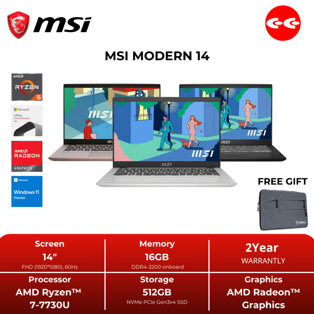 MSI MODERN 14 RYZEN 7 7730U RAM 16GB SSD 512GB W11 OHS