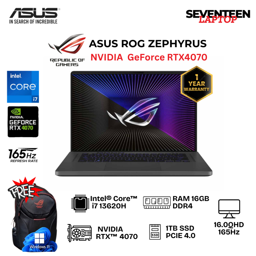 LAPTOP ASUS ROG ZEPHYRUS G16 NVIDIA RTX4070 INTEL CORE I7 13650H  32GB 1TB SSD 16.0 QHD 165HZ WIN 11
